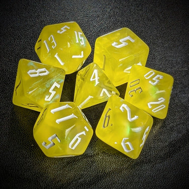 Glitter in Clear Yellow Acrylic - 7pcs RPG Full Dice Set Top